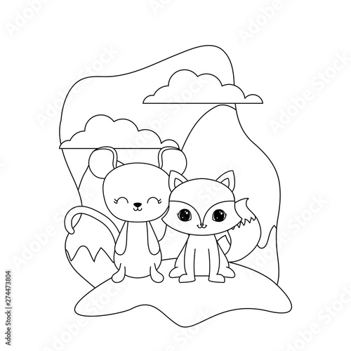 cute mouse with fox animals in landscape © djvstock