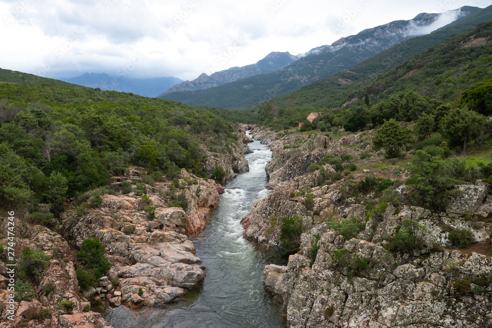 Scenic view from the bridge over the river Du Fango in Corsica, France