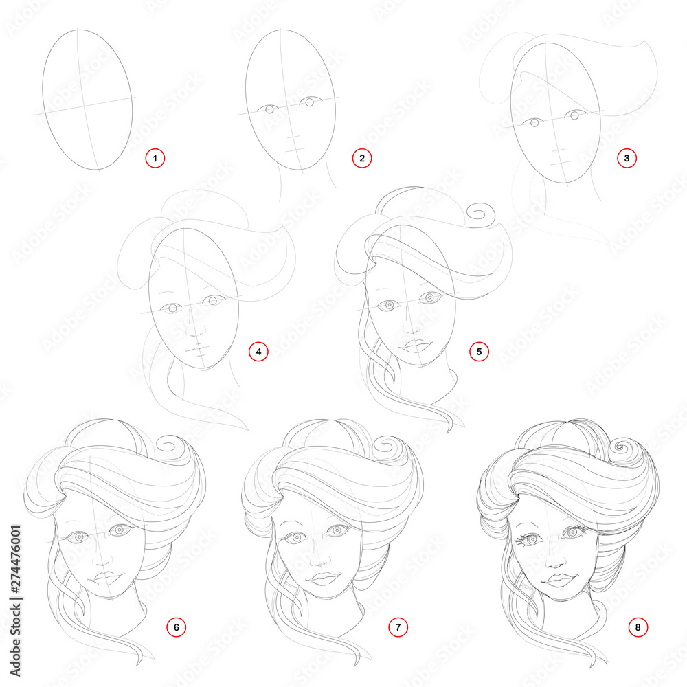 Creation step by step pencil drawing. Page shows how to learn draw sketch  of imaginary girl with a fashionable hairstyle. School textbook for  developing artists skills. Hand-drawn vector image. Stock Vector |