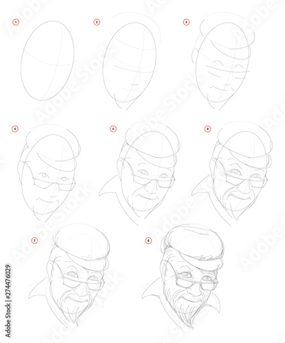 How create step by step pencil drawing. Page shows how to learn successively draw imaginary portrait of old man. Print for artists school textbook. Developing design skills. Hand-drawn vector image.