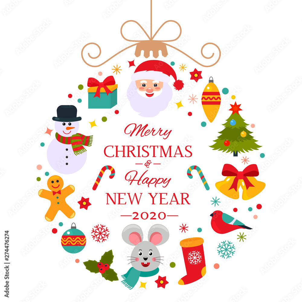 Bright greeting card Happy New Year 2020. flat vector illustration on white background Bright greeting card Happy New Year 2020. flat vector illustration on white background