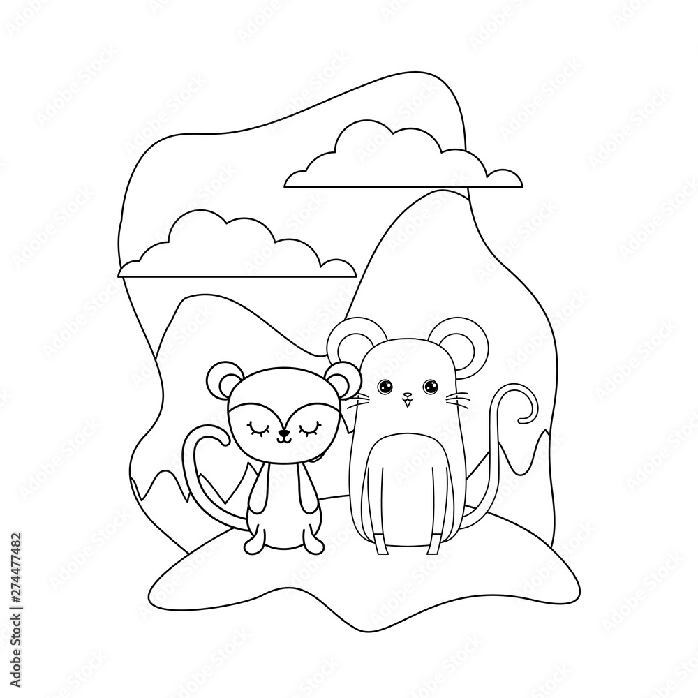 cute mouse with monkey animals in landscape cute mouse with monkey animals in landscape