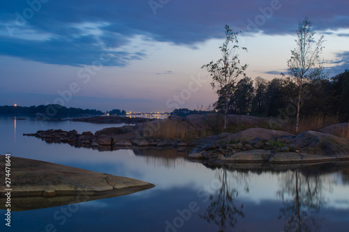 A beautiful midsummer view from Hevossalmi, Helsinki toward downtown on a peaceful summer night