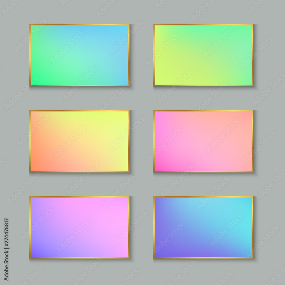 Set of Colored Pastel Gradient Cards or Banners with Stylized Gold Frame.