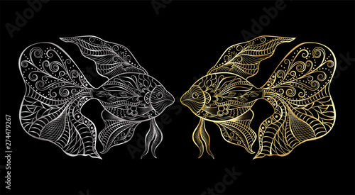 Hand drawn of fish isolated.Gold and silver version. Vector illustration. EPS 10