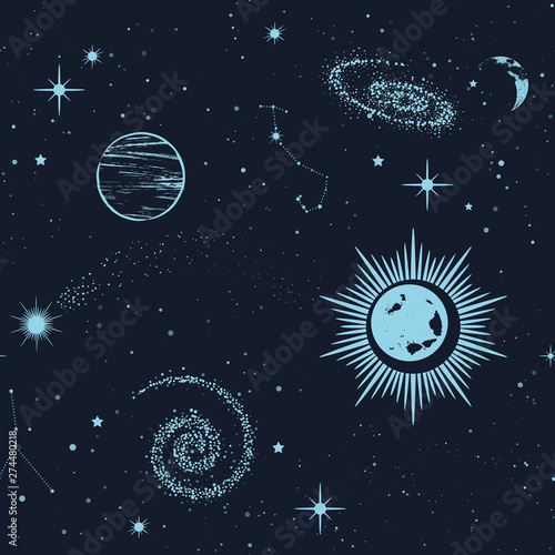 Space seamless pattern, beautiful galaxy, stars, planets, constellations in outer space. Texture for wallpapers, fabric, wrap, web page backgrounds, vector illustration © paw
