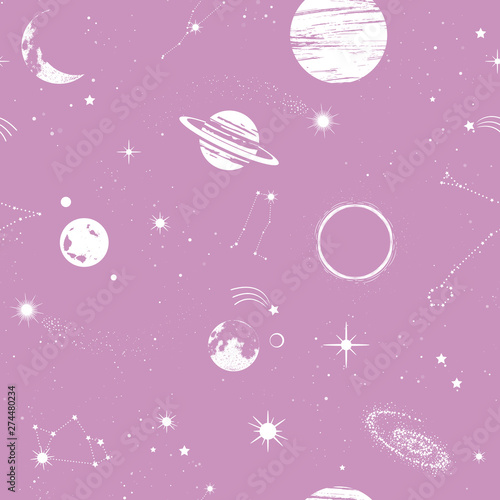 Space seamless pattern, beautiful galaxy, stars, planets, constellations in outer space. Texture for wallpapers, fabric, wrap, web page backgrounds, vector illustration