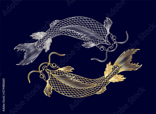 Hand drawn of fish isolated.Gold and silver version. Vector illustration. EPS 10