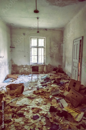 Interior of abandoned house in Korytnica spa, Slovakia photo