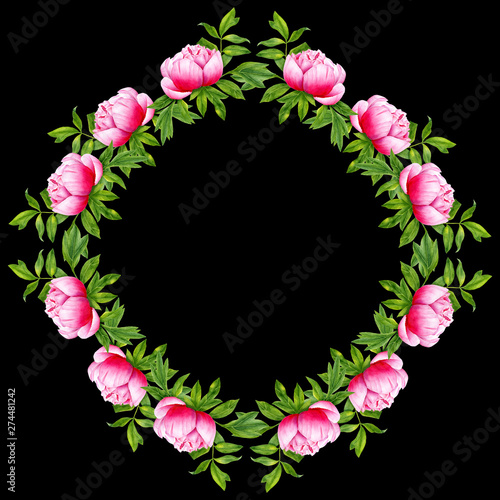 Wallpaper Mural Watercolor peony flower round frame. Hand painted wreath isolated on black background. Floral design artwork for the poster, shirt, textile, wedding invitation, home decor, card Torontodigital.ca