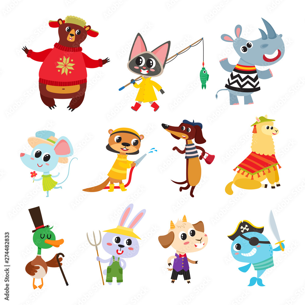 Naklejka premium Collection of cute cartoon animals in costume isolated on white.