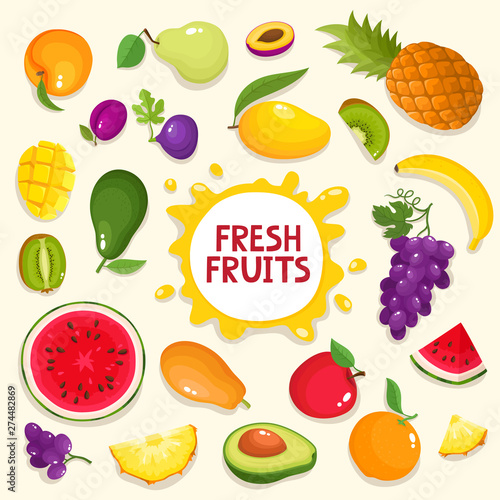 Colorful cartoon fresh fruit poster isolated on beige.