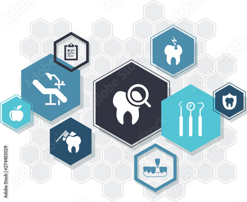dental care / dentistry / oral hygiene / dental treatment icon concept: connected dental health symbols with hexagons - vector illustration