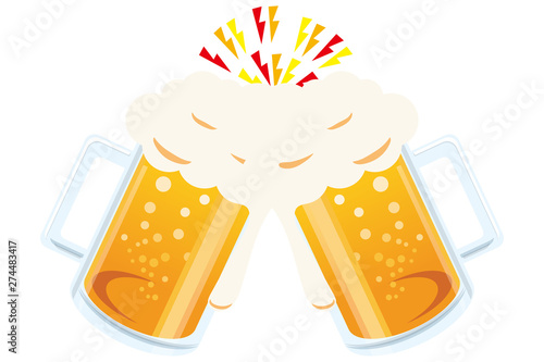 シンプルなビールのイラスト（ベクター）乾杯（文字有・白背景｜あふれる泡のビアジョッキ｜居酒屋・飲み屋