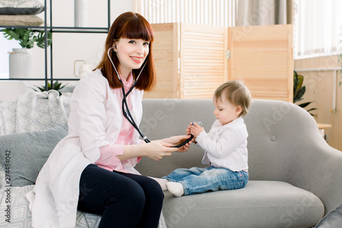 Pediatrics doctor examining little baby girl with instruments stethoscope, Health care, Baby, Baby regular health check-up concept.
