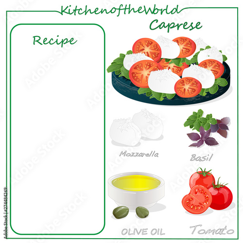Vector illustration of menu delicious caprese salad with ripe tomatoes and mozzarella cheese with fresh basil leaves. Italian food isolated on white background.