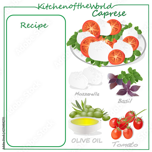 Vector illustration of menu delicious caprese salad with ripe tomatoes and mozzarella cheese with fresh basil leaves. Italian food isolated on white background.