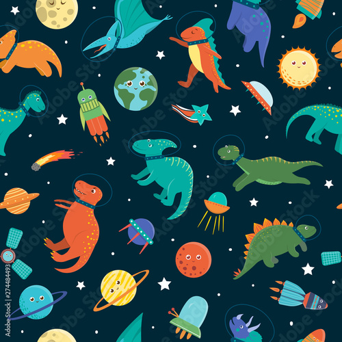 Vector seamless pattern with cute dinosaurs in outer space. Funny flat cosmic dino characters background. Cute prehistoric reptiles illustration