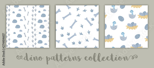 Set of vector dinosaur seamless patterns for children. Dino flat cartoon background with baby dinos in nests, bones, footprints, eggs, stones. Cute prehistoric reptiles illustration..