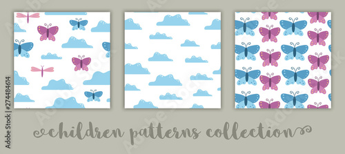 Set of vector seamless patterns for children. Flat cartoon background with butterflies, clouds, dragonflies. Cute blue and pink illustration..