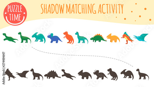 Shadow matching activity for children. Dinosaur topic. Cute funny smiling dinos.