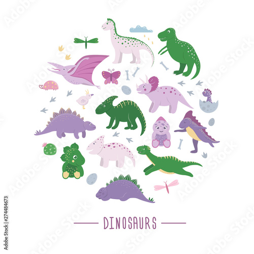 Vector set of cute dinosaurs with clouds, eggs, bones, birds for children framed in circle. Dino flat cartoon characters concept. Cute prehistoric reptiles illustration..