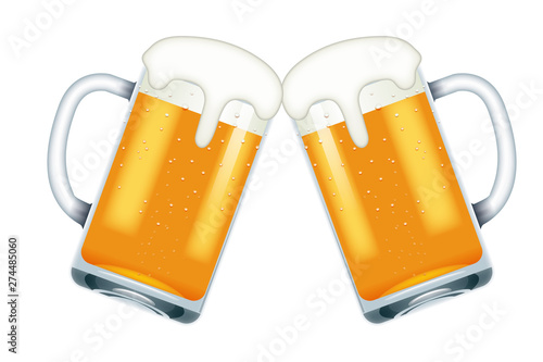 リアルテイストのビールのイラスト（ベクター）乾杯（文字有・白背景｜あふれる泡のビアジョッキ｜居酒屋・飲み屋
