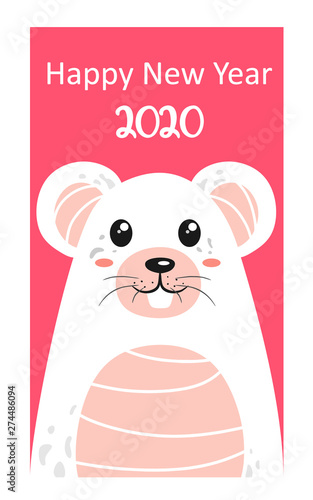 Happy New Year. Rat. 2020. Cute mouse in a cartoon style. Vector image
