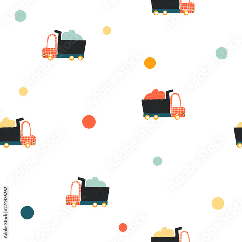 Seamless pattern with truck and circles. Kids simple textile print. Vector hand drawn illustration.