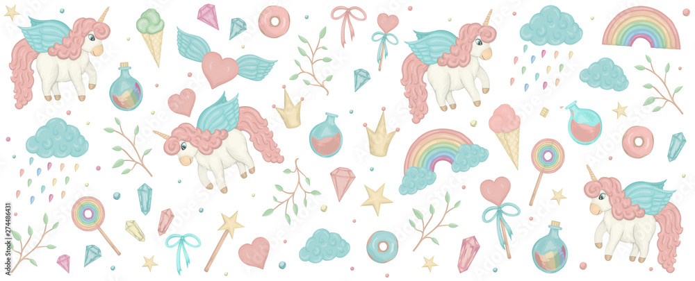 Vector set with unicorn cliparts. Horizontal banner with cute rainbow, crown, star, cloud, crystals for social media. Sweet girlish illustration. Watercolor effect fairytale design elements..