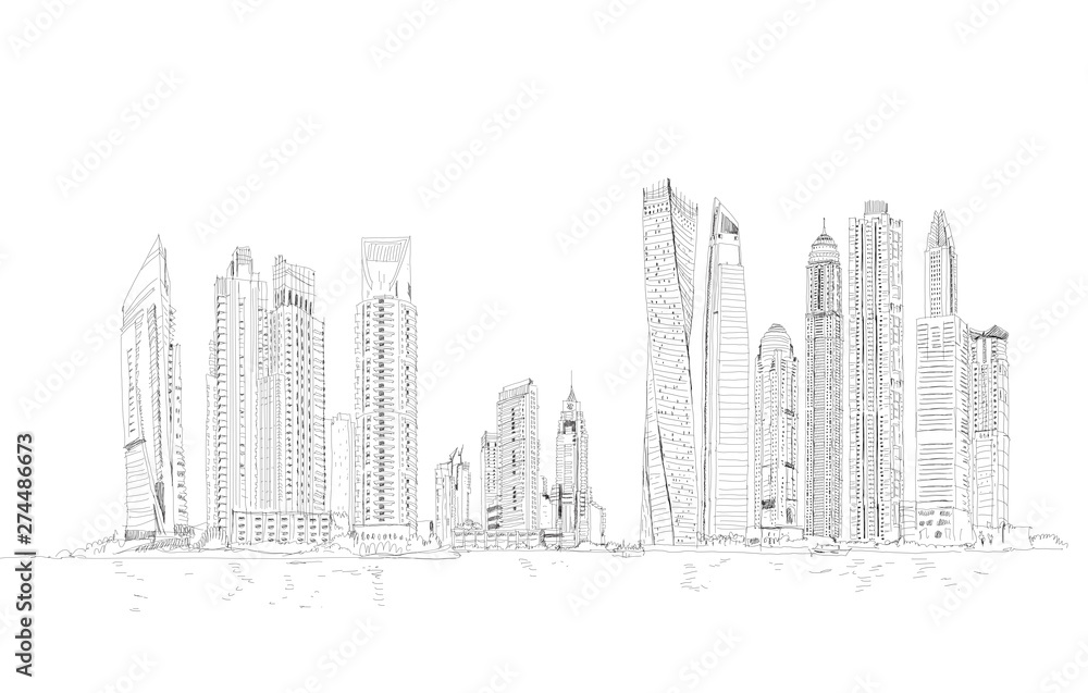 Dubai Marina view with skyscrapers. Detailed sketch, panoramic view