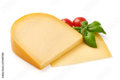 Cuadro en lienzo Hard Dutch gouda cheese, close-up, isolated on white background