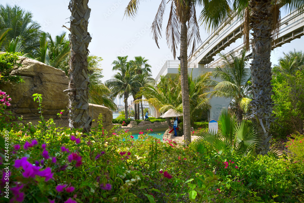 Dubai, UAE, United Arab Emirates. Park of the Sofitel hotel on the Jumeirah Island
