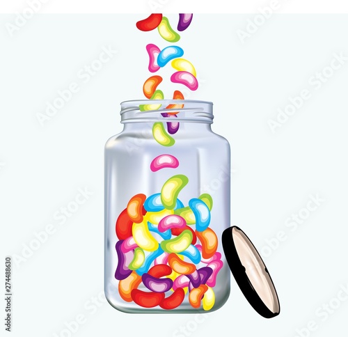 Colorfukl tasty jellybeans in a jar on white background photo