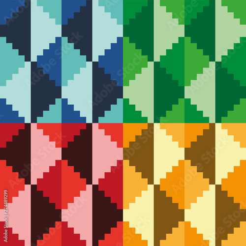 Set of seamless abstract geomatric pixel pink diamond pattern