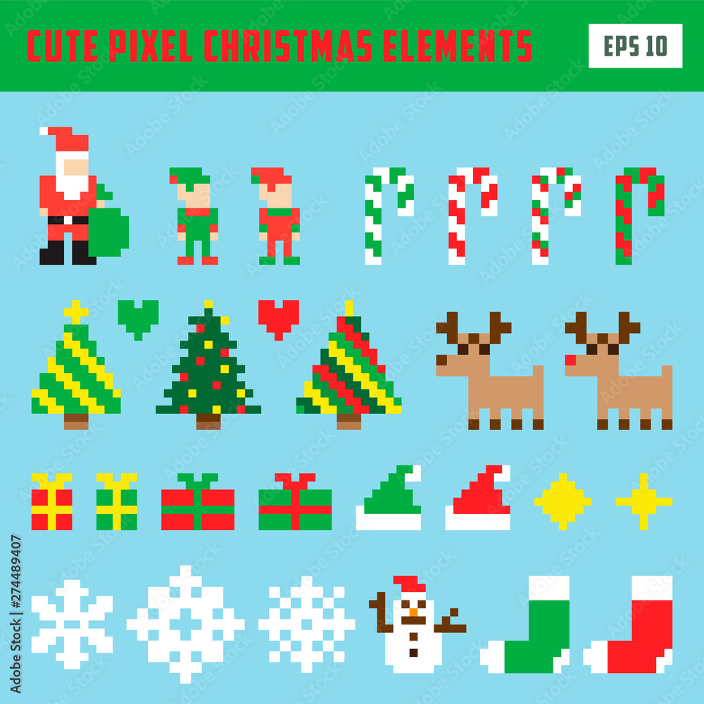 Cute Christmas elements pixel icon game set Cute Christmas elements pixel icon game set