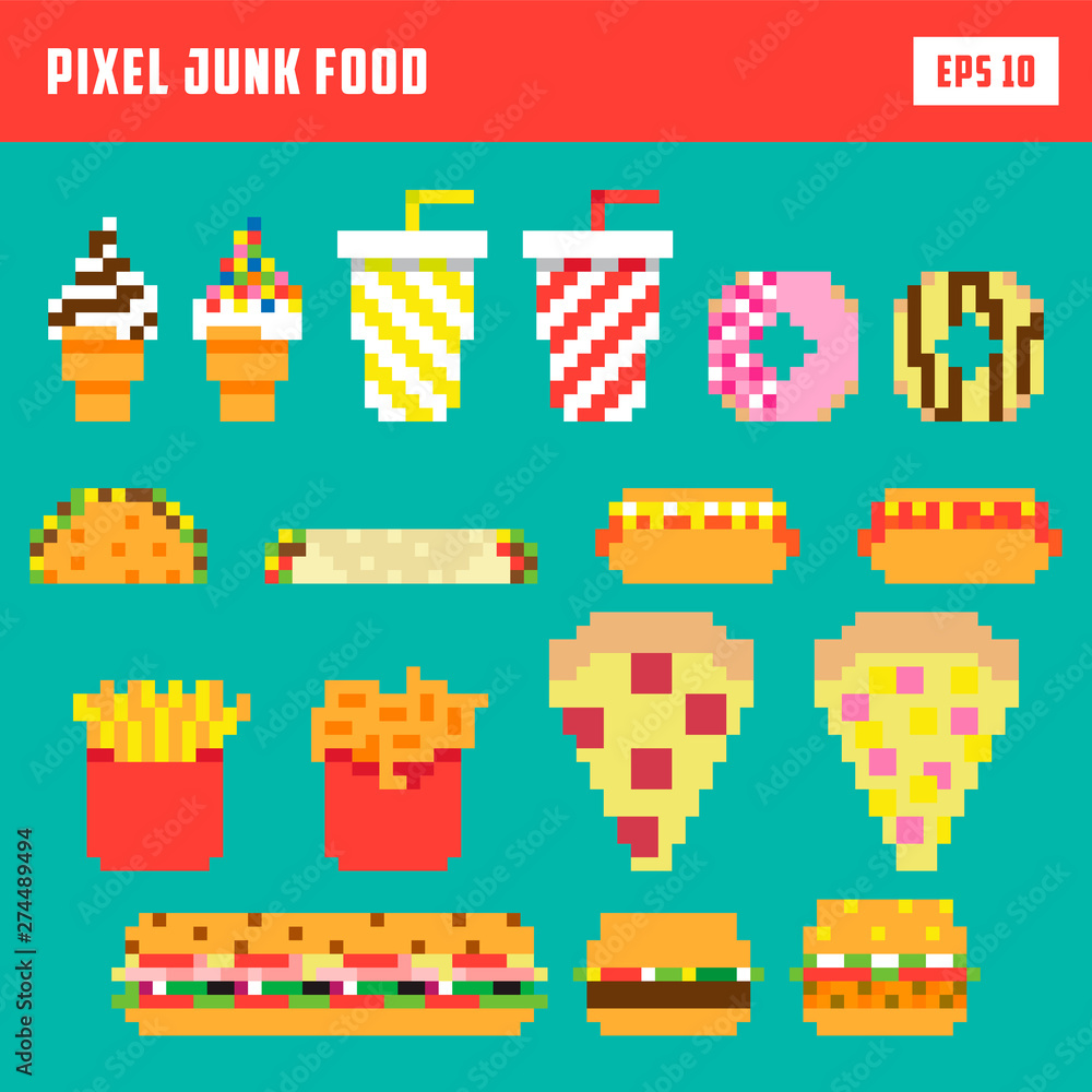 Pixel delicious junk food diner retro 8bit game set menu Stock Vector ...
