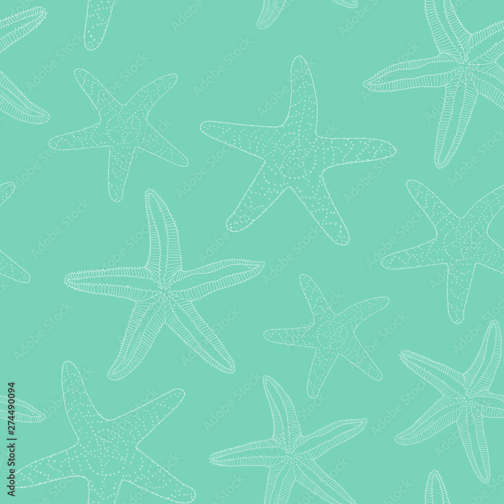 Seamless pattern with hand drawn starfish on green background. Doodle style of the marine theme.
