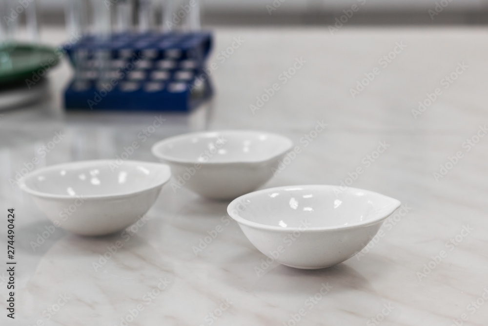 porcelain cups for evaporation of liquids standing on the table in the laboratory porcelain cups for evaporation of liquids standing on the table in the laboratory