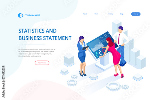 Isometric digital monitor with infographics. Female standing at the big display. Concept of business assistance. Interactive Information Kiosk, Advertising Display, Terminal Stand