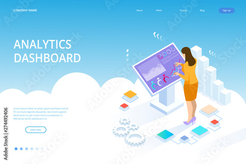 Isometric digital monitor with infographics. Female standing at the big display. Concept of business assistance. Interactive Information Kiosk, Advertising Display, Terminal Stand