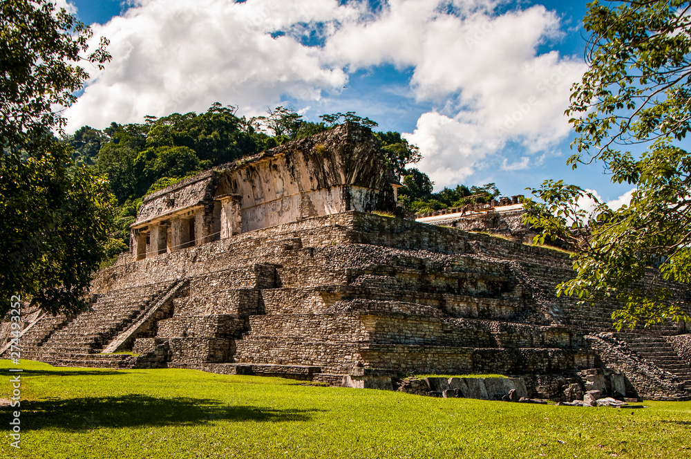 Pyramids and ancient buildings in archaeological site of Palenque, Mexico