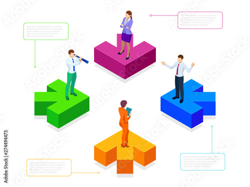Isometric Business Infographics. Modern arrow . Timeline with 4 circles, steps, number options.