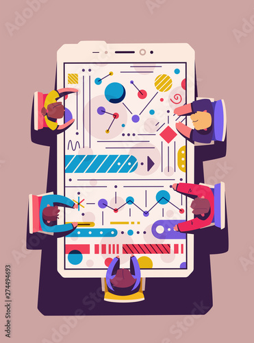 Teamwork at the smartphone desk. Coworking concept. Cartoon vector illustration