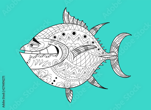 Black and white cartoon tuna for coloring with separate texture and separate background
