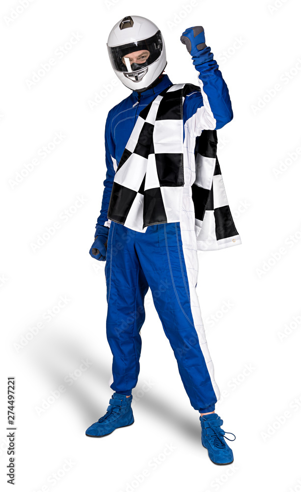 Determined race driver in blue white motorsport overall shoes gloves integral safety crash helmet and chequered checkered flag isolated  white background. Car racing motorcycle sport concept.