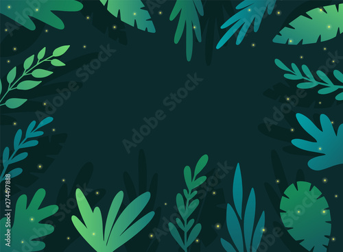 Summer vector background with tropical leaves and plants branches on dark background with fireflies. Floral flame. Flat style vector illustration 
