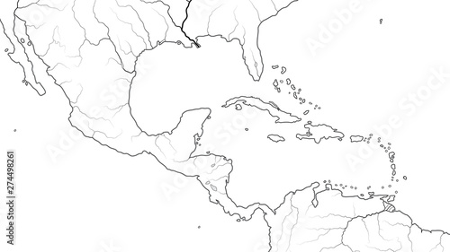 World Map of CENTRAL AMERICA and CARIBBEAN BASIN REGION: Mexico, Cuba, Guatemala, Yucatan, Caribbean Islands, Antilles, Bahamas, Panama Canal. Geographic chart with coastline, sea, gulf, islands.
