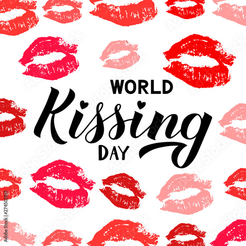 World Kissing day hand lettering with red and pink lipstick kiss isolated on white. Imprints of lips. Easy to edit template for typography poster, banner, sticker, flyer, badge, t-shot, etc.