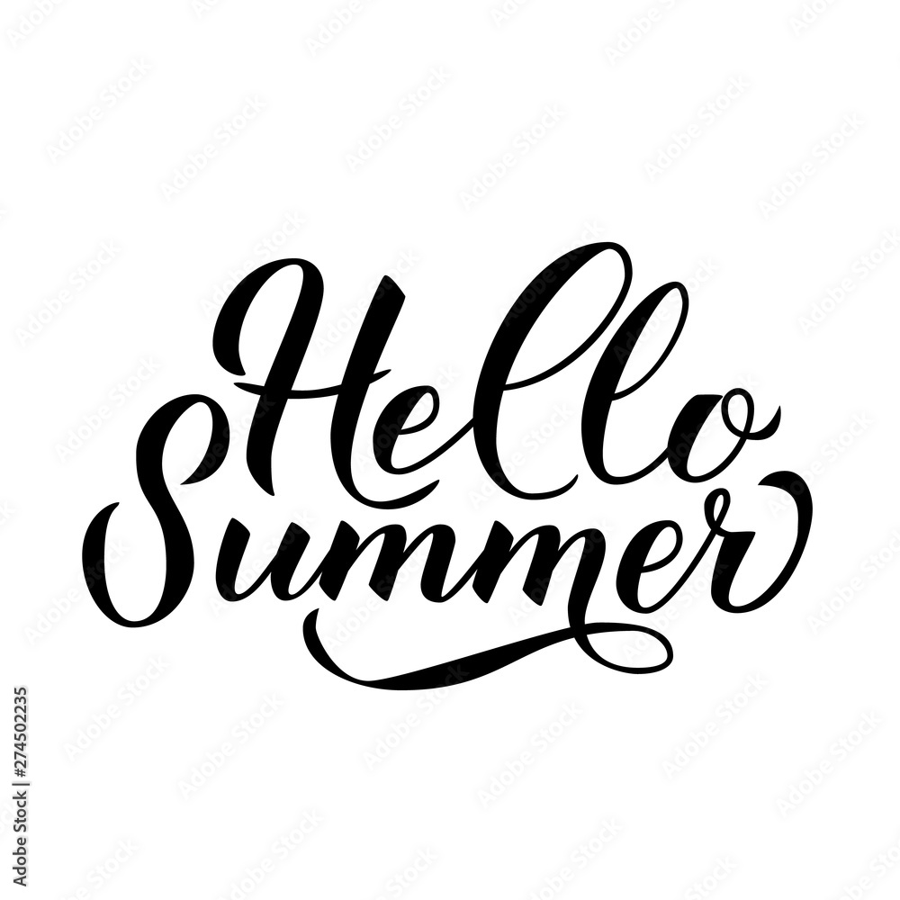 Fototapeta premium Hello summer hand drawn brush lettering isolated on white. Inspirational quote calligraphy poster. Easy to edit vector template for logo design, banner, flyer, sticker, t-shot.